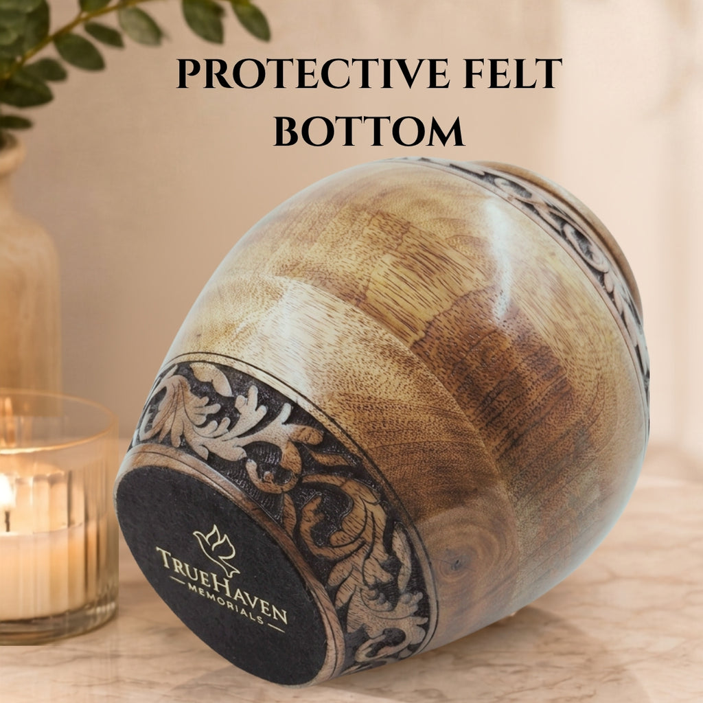 Hand-Carved Floral Wooden Cremation Urn for Human Ashes – Adult & Keepsake Sizes