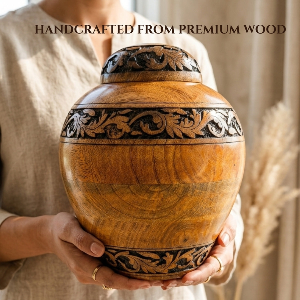 Hand-Carved Floral Wooden Cremation Urn for Human Ashes – Adult & Keepsake Sizes