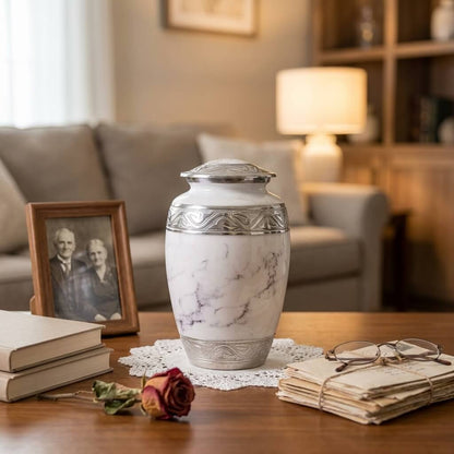 White Marble Finish Cremation Urn with Silver Engraved Accents