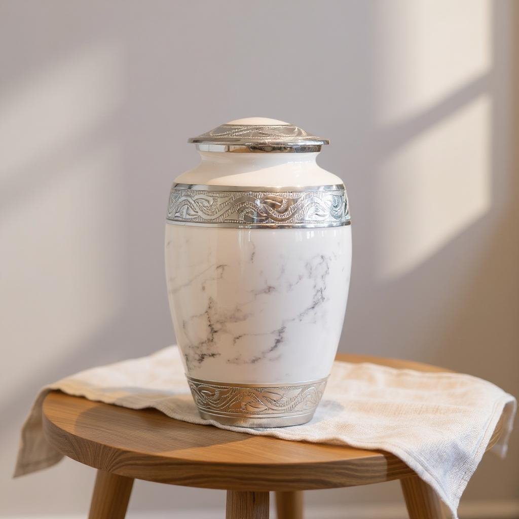 White Marble Cremation Urn with Elegant Silver Engraved Accents – Adult Memorial Urn image 0