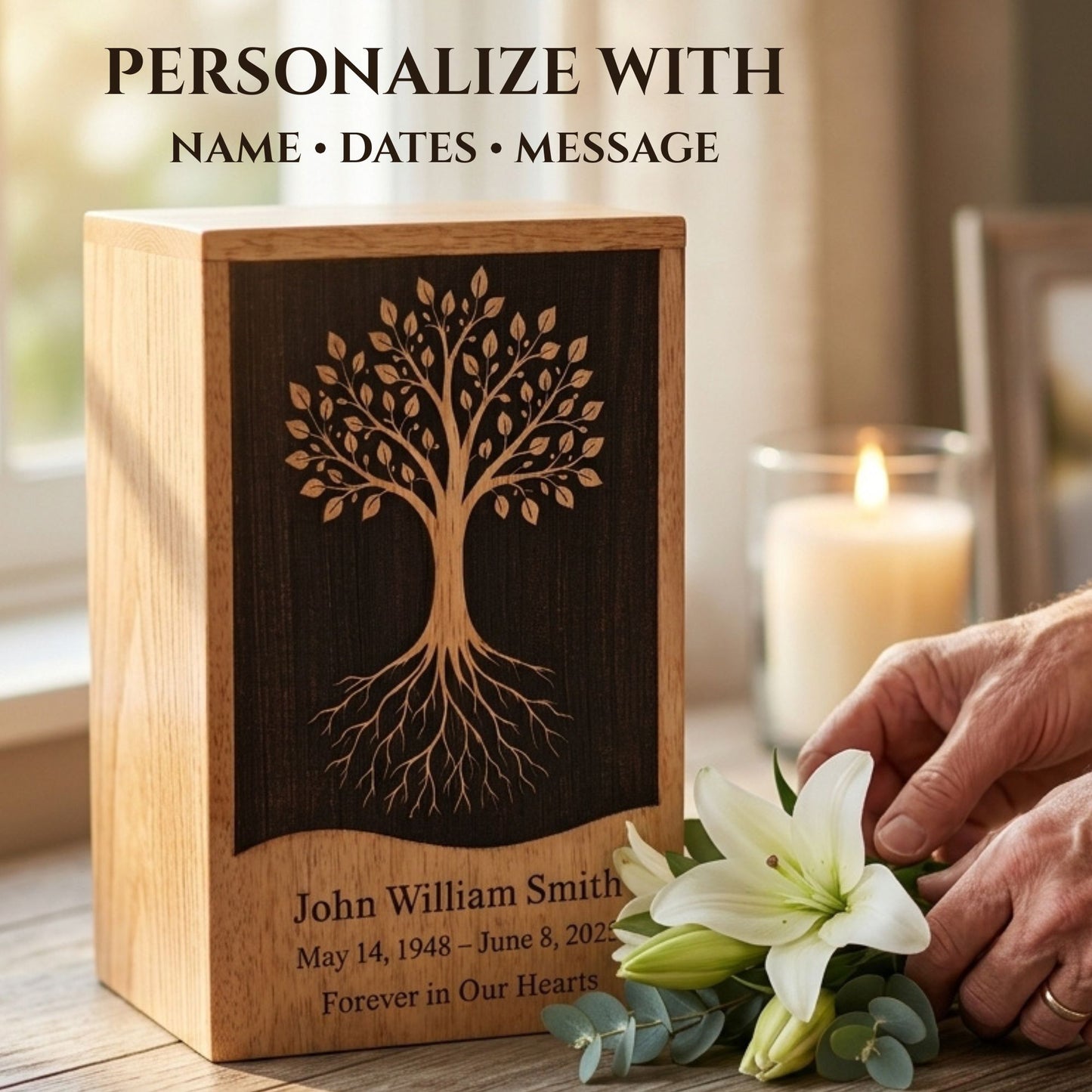 Personalized Tree of Life Wooden Urn for Ashes | Handmade Mango Wood Adult Cremation Urn