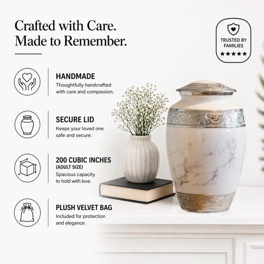 White Marble Finish Cremation Urn with Silver Engraved Accents