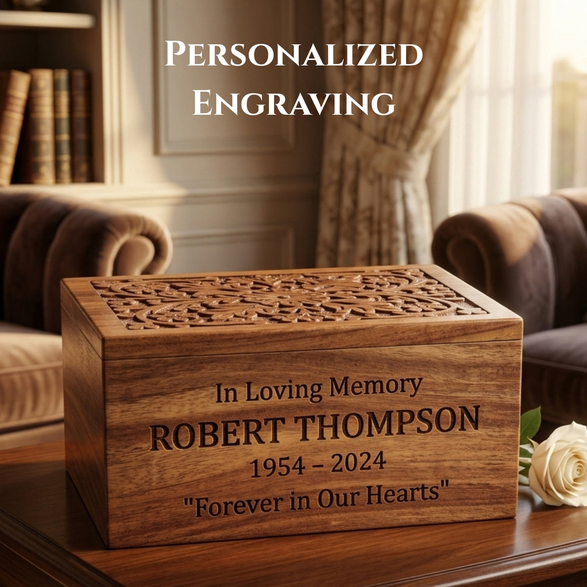Hand-Carved Personalized Wooden Urn Box for Human Ashes – Adult & Keepsake Sizes