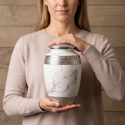 White Marble Finish Cremation Urn with Silver Engraved Accents