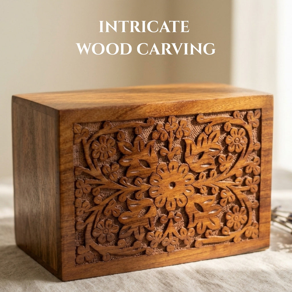 Hand-Carved Personalized Wooden Urn Box for Human Ashes – Adult & Keepsake Sizes