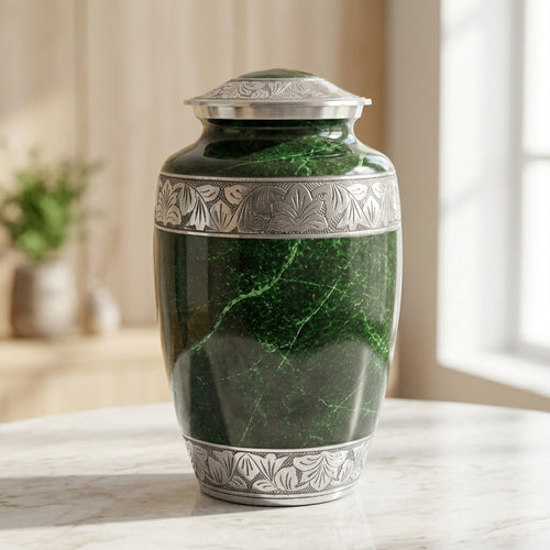 A green marbled urn with ornate silver metal bands and a matching lid, displayed on a light marble tabletop in a softly lit indoor setting.