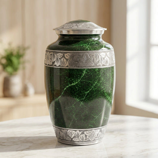 Cremation Urn for Human Ashes – Green Marble-Finish Metal, Adult & Keepsake Set