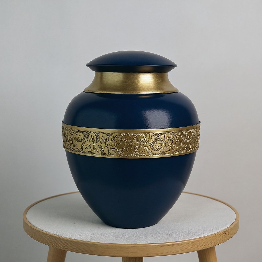 Navy Blue Cremation Urn with Gold Band image 0
