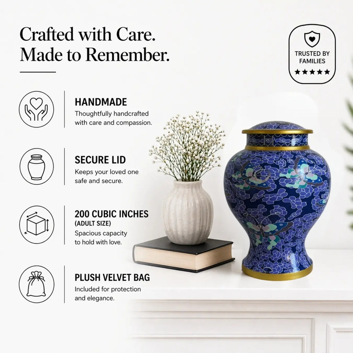 Blue Floral Cloisonné Cremation Urn