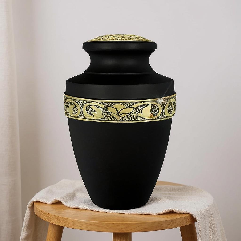 Elegant Black Cremation Urn with Gold Accents image 0