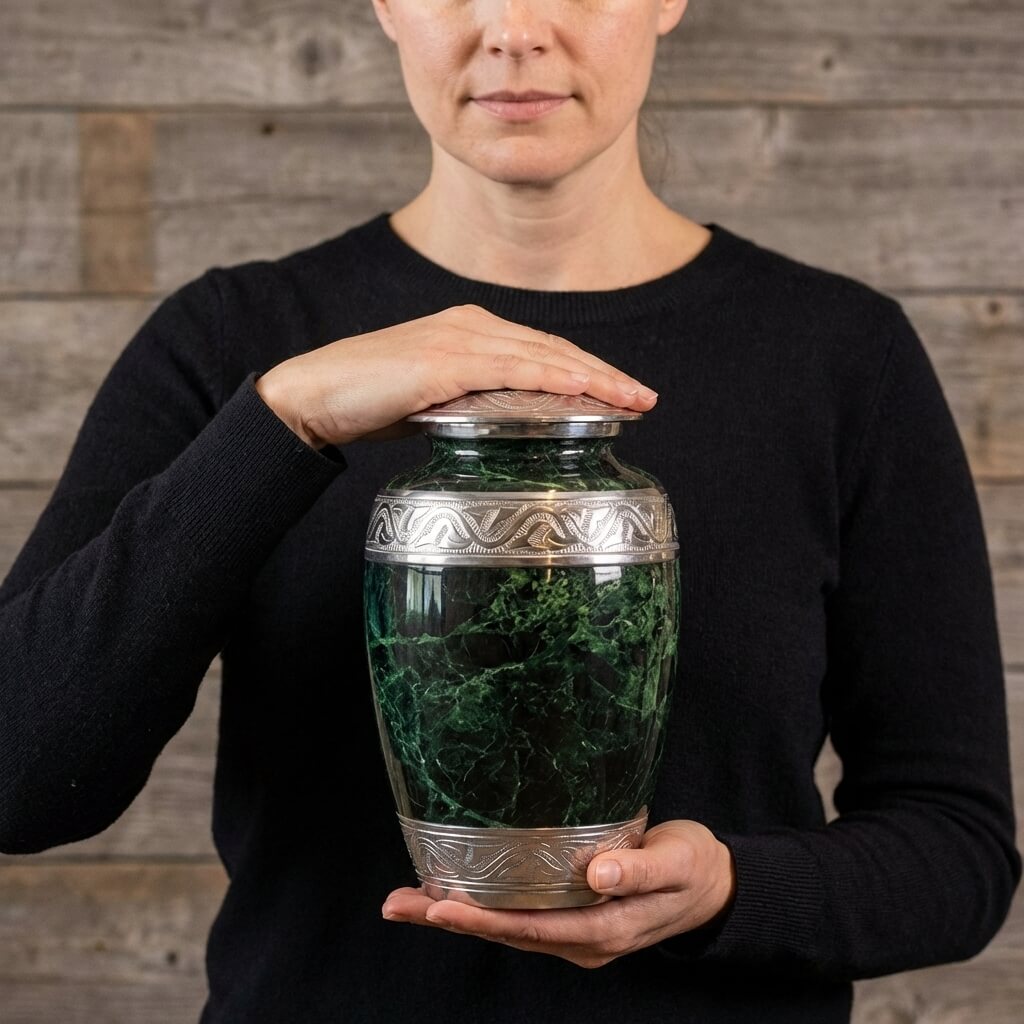 Elegant Green Marble Cremation Urn with Silver Detailing
