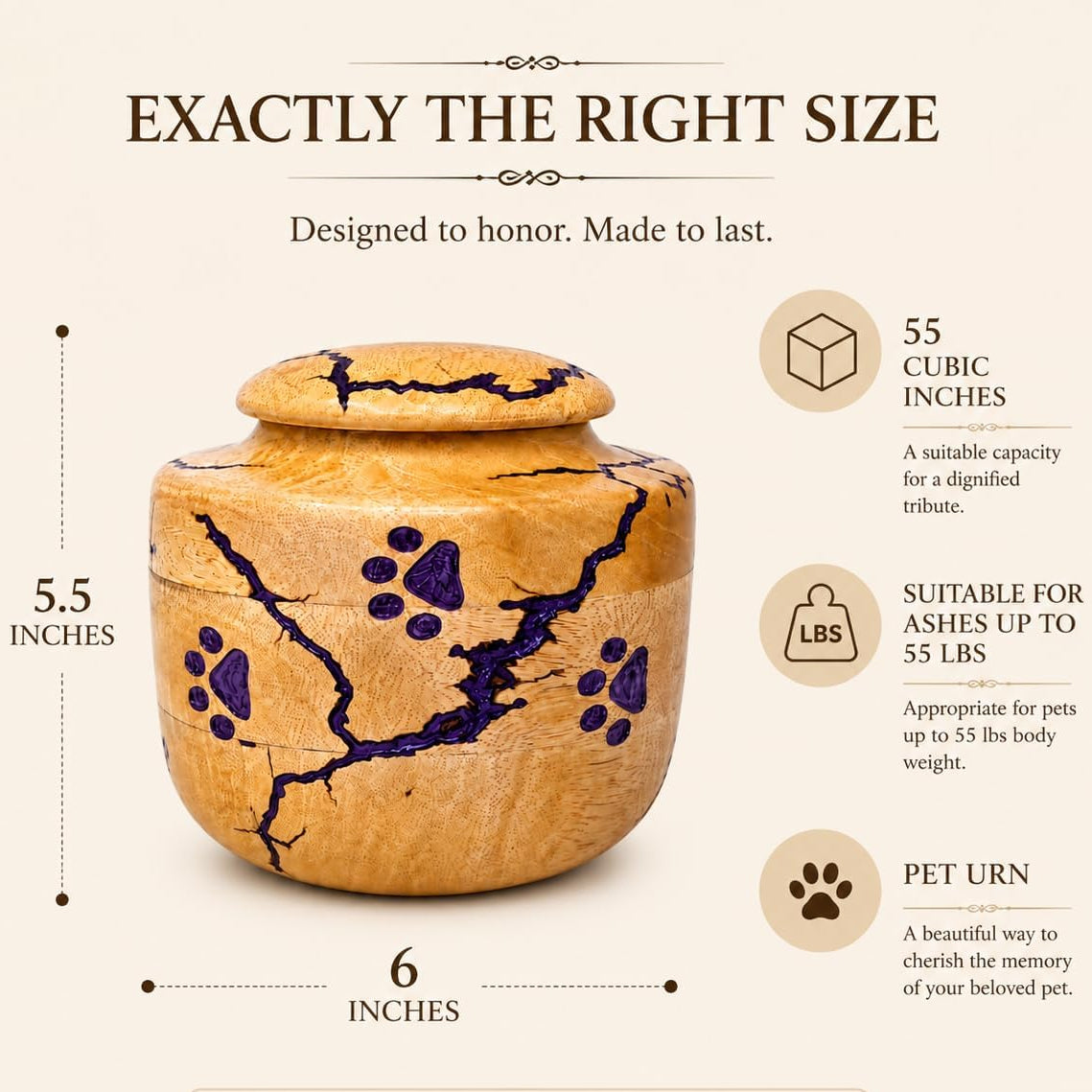 Paw Print Wooden Pet Urn for Dog & Cat Ashes