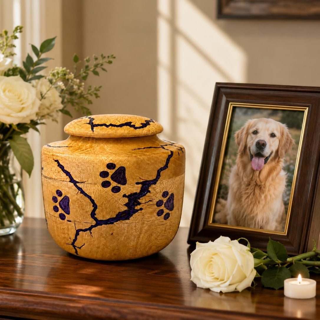Paw Print Wooden Pet Urn for Dog & Cat Ashes