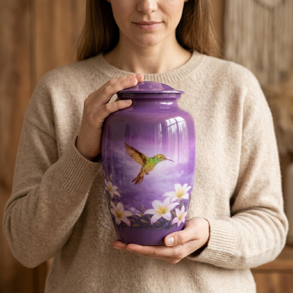 Purple Hummingbird Cremation Urn for Human Ashes – Adult, Keepsake