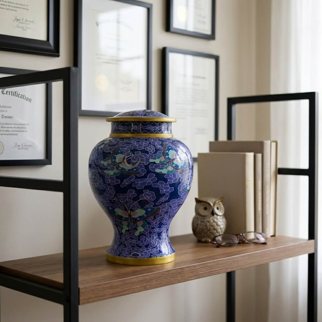 Blue Floral Cloisonné Cremation Urn