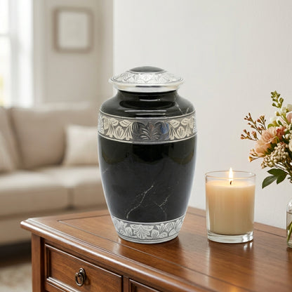 Metal Cremation Urn for Human Ashes – Black Marble Finish with Silver Detailing