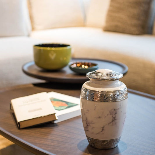 White Marble Cremation Urn with Elegant Silver Engraved Accents – Adult Memorial Urn image 1