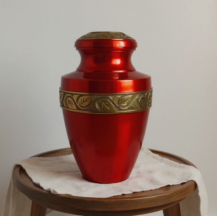 Red Cremation Urn with Brass Leaf Band 11-Inch image 0