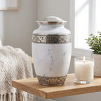A white marble-look urn with ornate silver-toned metal bands and a matching lid, displayed on a wooden shelf beside a lit candle and a small potted plant in a softly lit room.