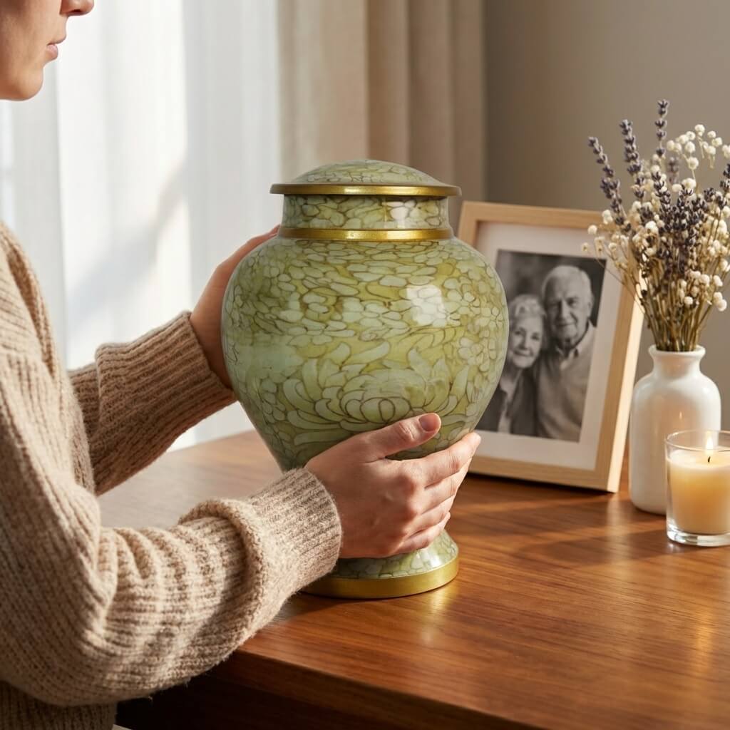 Pale Green Lace-Pattern Ceramic Urn