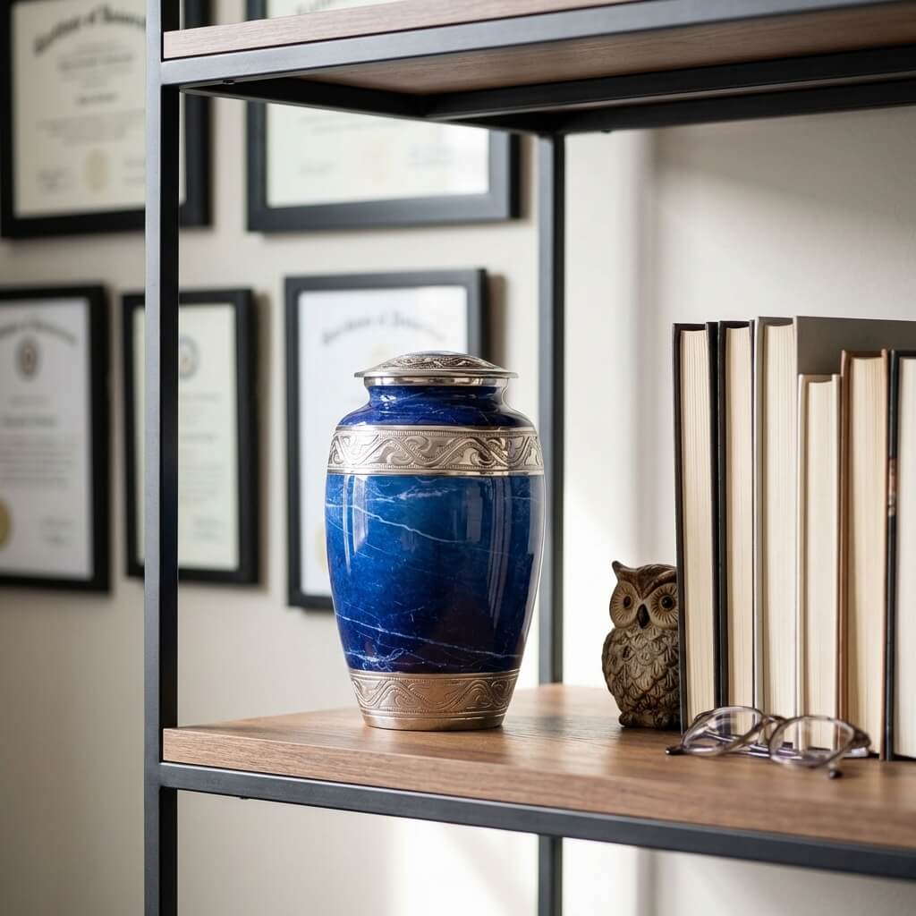 Elegant Blue Marble Cremation Urn with Silver Detailing