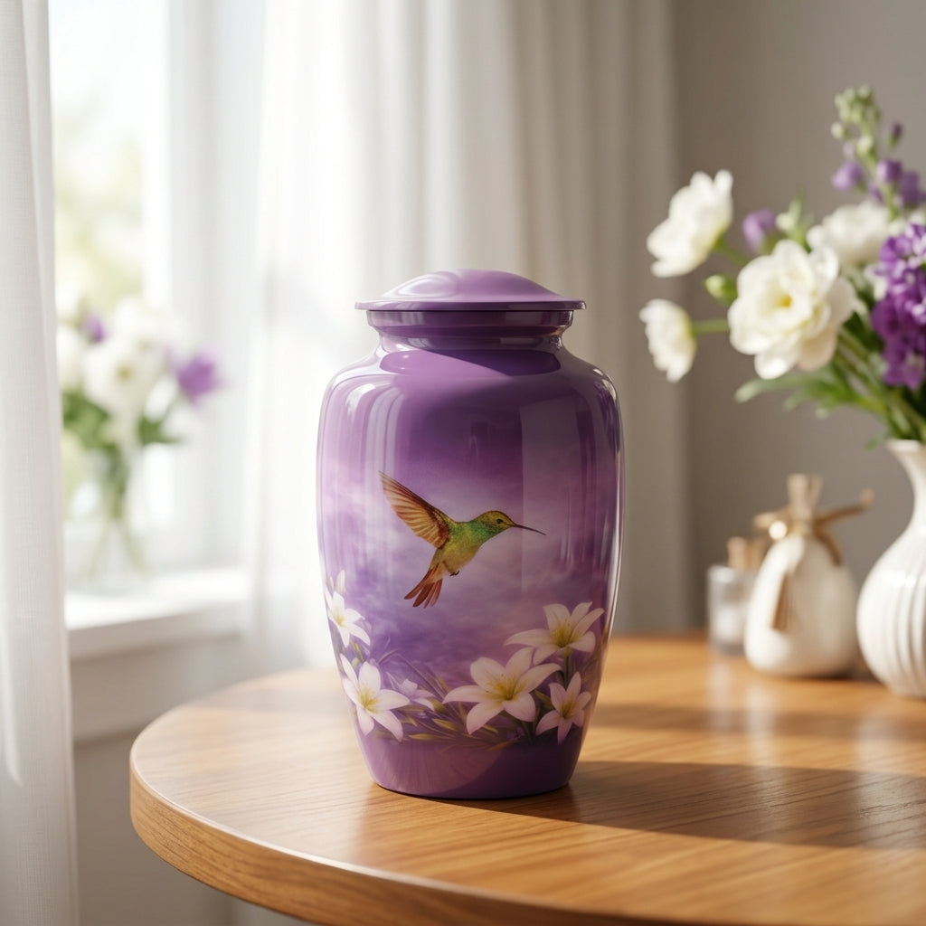 Purple Hummingbird Cremation Urn – Floral Memorial Urn for Ashes