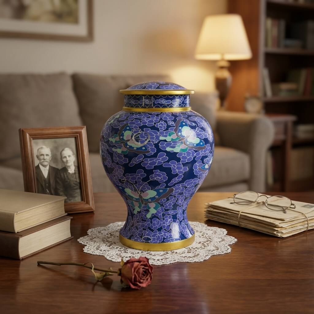 Blue Floral Cloisonné Cremation Urn