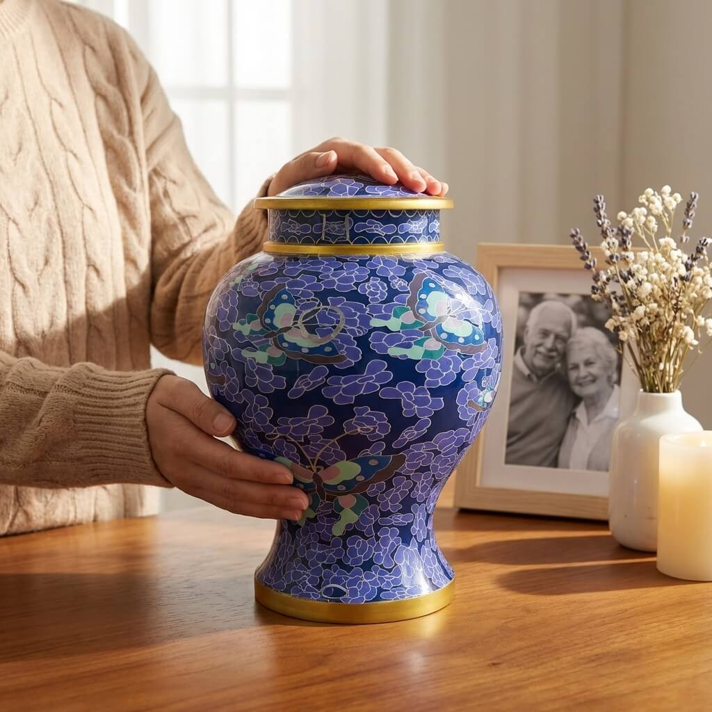 Blue Floral Cloisonné Cremation Urn