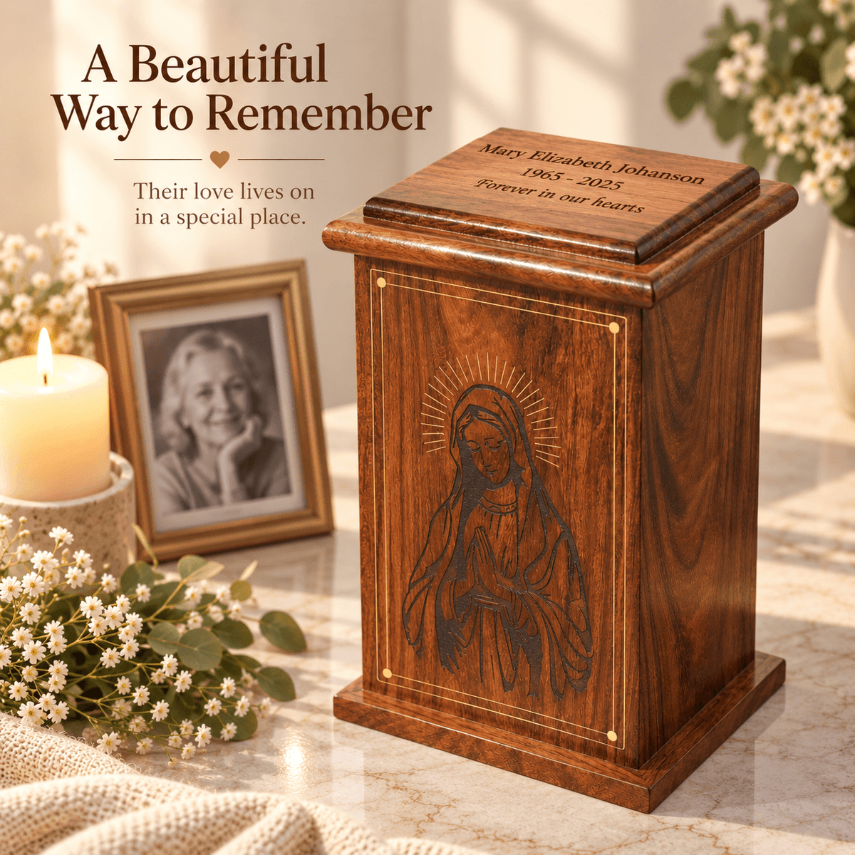 Personalized Catholic Cremation Wooden Urn Box for Human Ashes – Engraved Virgin Mary