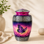 A decorative urn with a lid, featuring a vibrant purple and pink butterfly design over a floral background, with ornate silver patterns on the neck and base, styled on a beige surface with a plant and stones in the background.