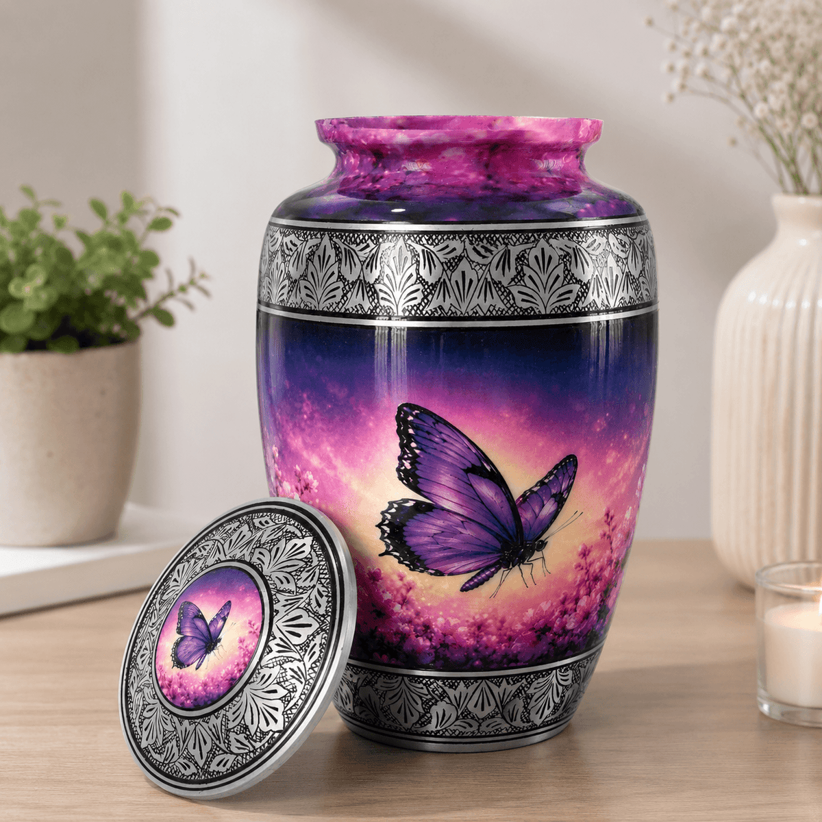 A decorative urn with a matching lid, featuring a purple and pink butterfly design on a gradient background, set on a wooden table with a potted plant and candle in the background.
