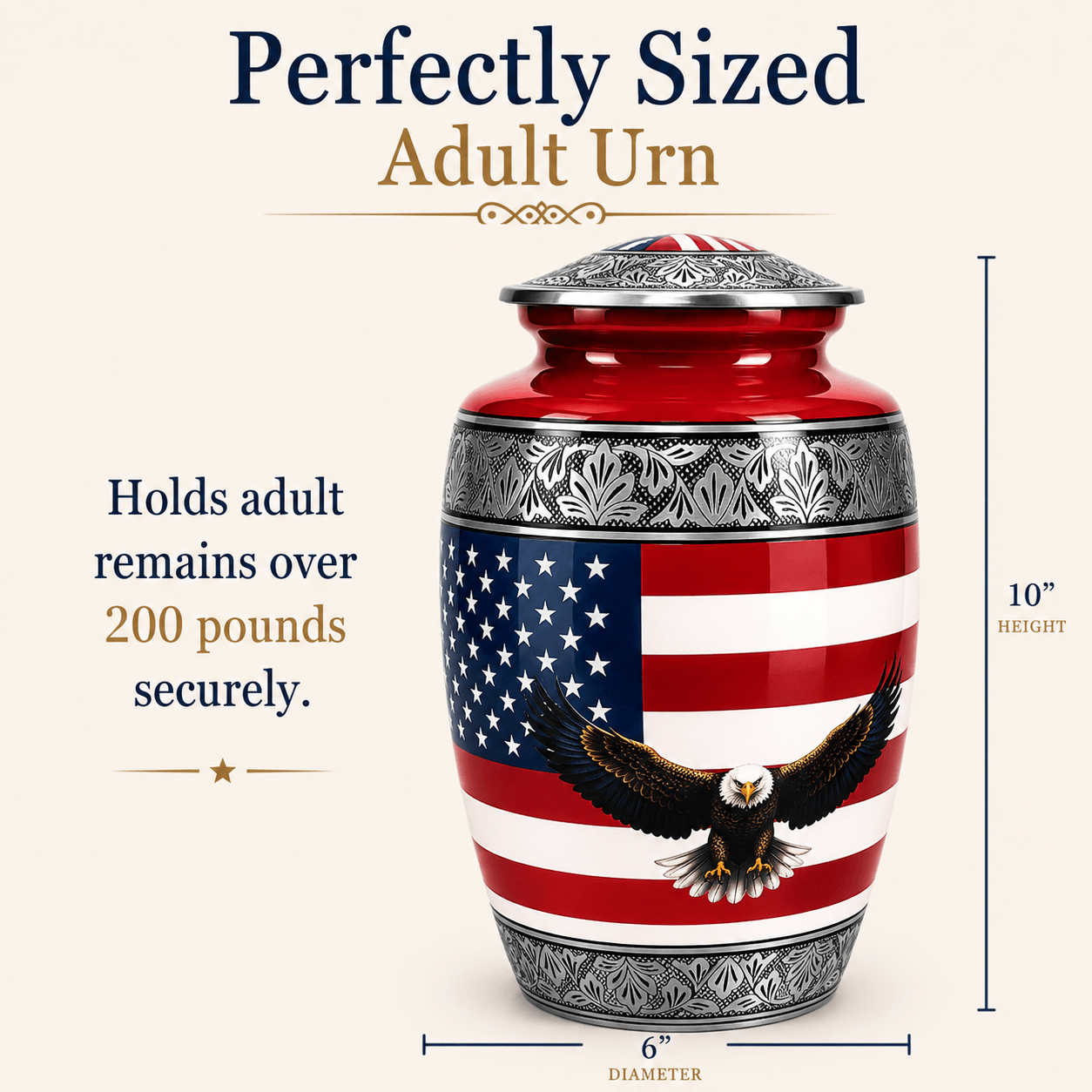 Military Eagle Metal Cremation Urn for Human Ashes – American Flag Adult