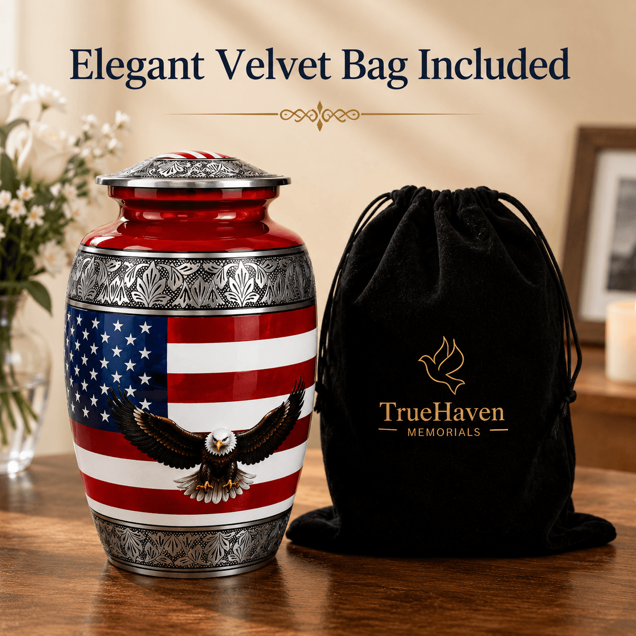 Military Eagle Metal Cremation Urn for Human Ashes – American Flag Adult