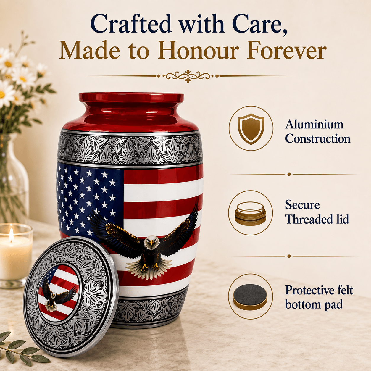 Military Eagle Metal Cremation Urn for Human Ashes – American Flag Adult
