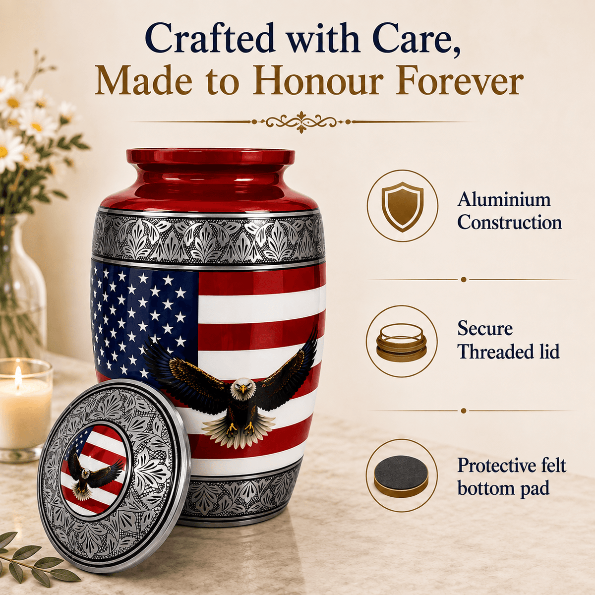 American Flag Cremation Urn – Patriotic Memorial Urn for Veterans Adult 200 Cu In