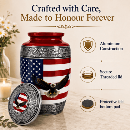 Military Eagle Metal Cremation Urn for Human Ashes – American Flag Adult