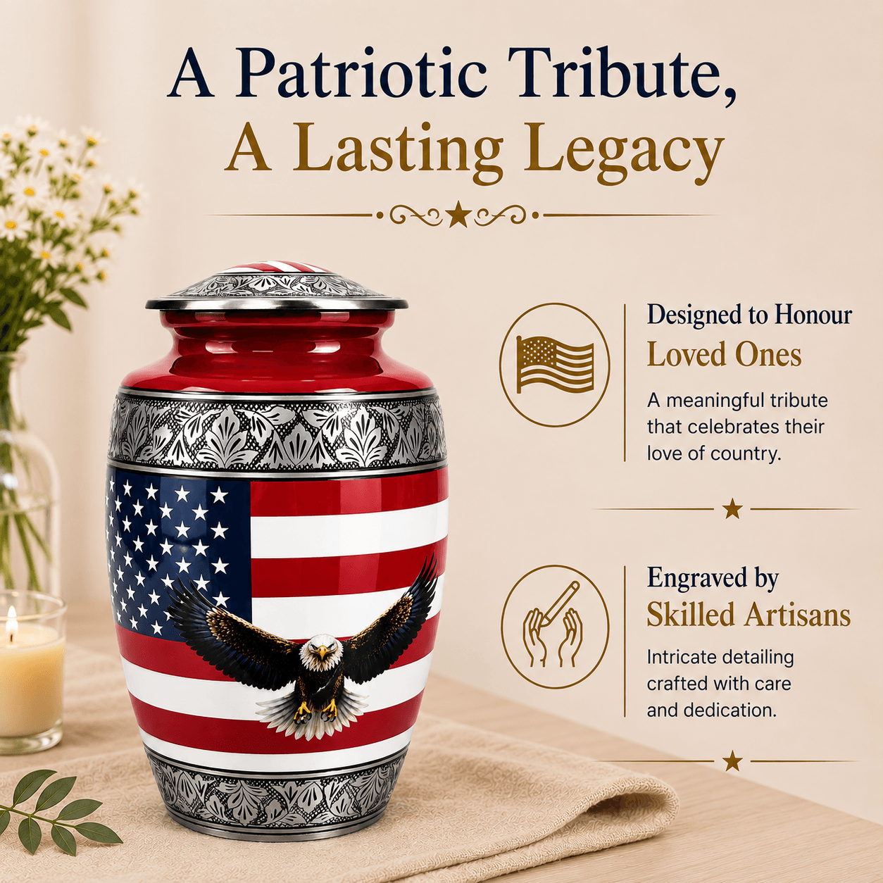 Military Eagle Metal Cremation Urn for Human Ashes – American Flag Adult