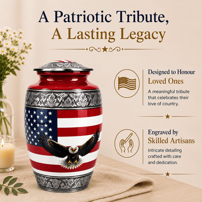 Military Eagle Metal Cremation Urn for Human Ashes – American Flag Adult
