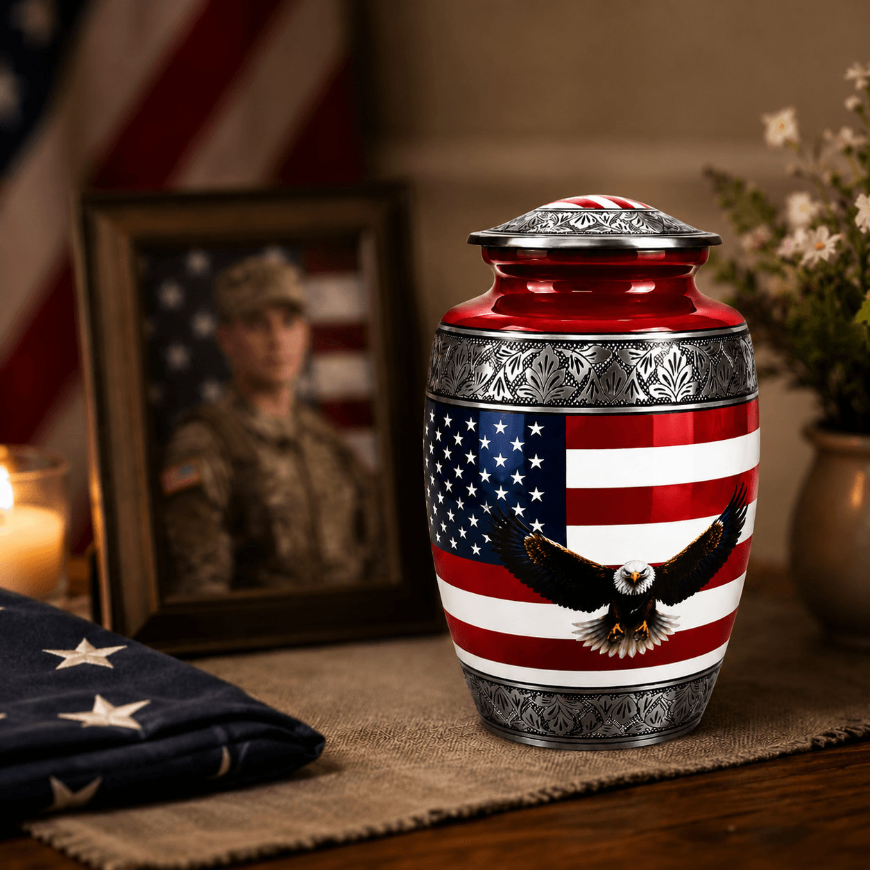 Military Eagle Metal Cremation Urn for Human Ashes – American Flag Adult