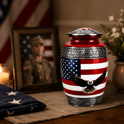Military Eagle Metal Cremation Urn for Human Ashes – American Flag Adult