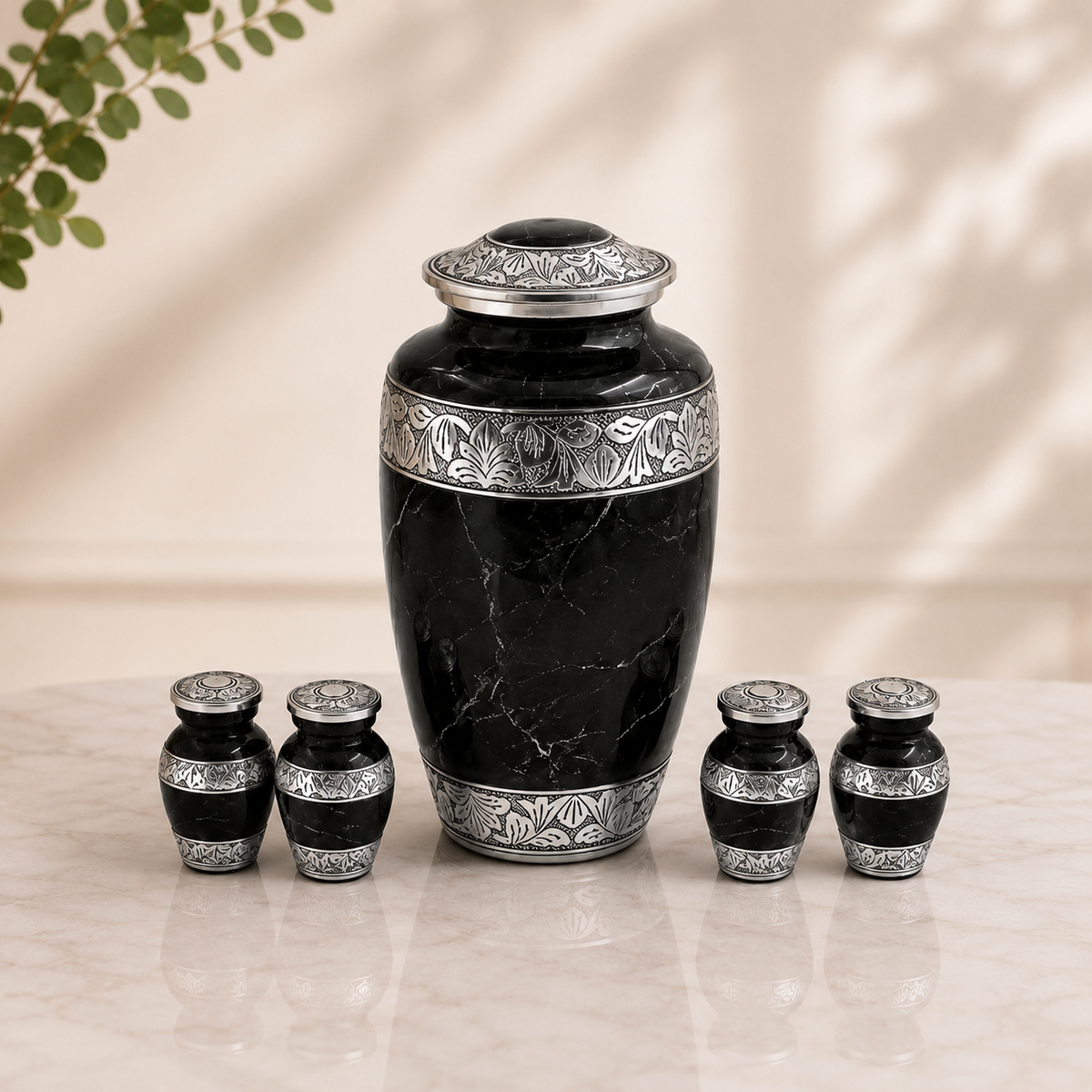 Cremation Urn for Human Ashes – Black Marble-Finish Metal, Adult & Keepsake