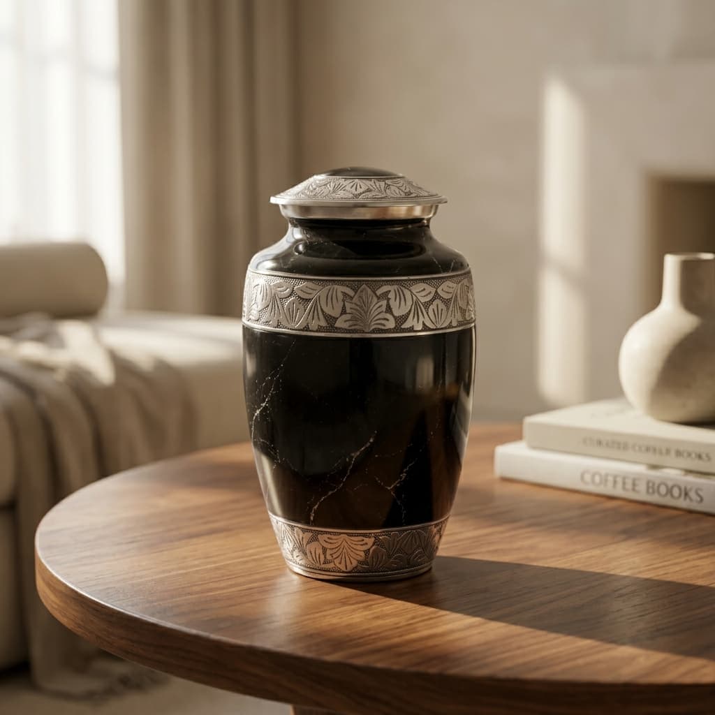 Black urn with silver detailing on a wooden table in a room with books and a vase.