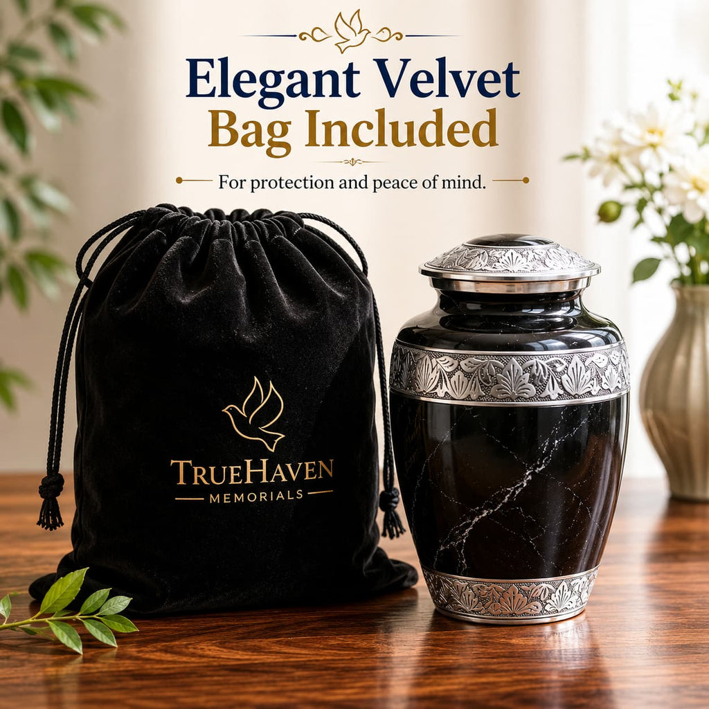 Black marble urn with silver detailing and a black velvet bag on a wooden surface, featuring TrueHaven Memorials branding.
