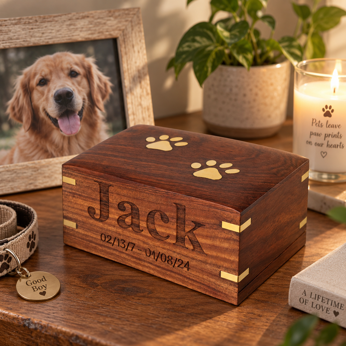 Personalized Wooden Pet Urn Box for Dog & Cat Ashes – Paw Print