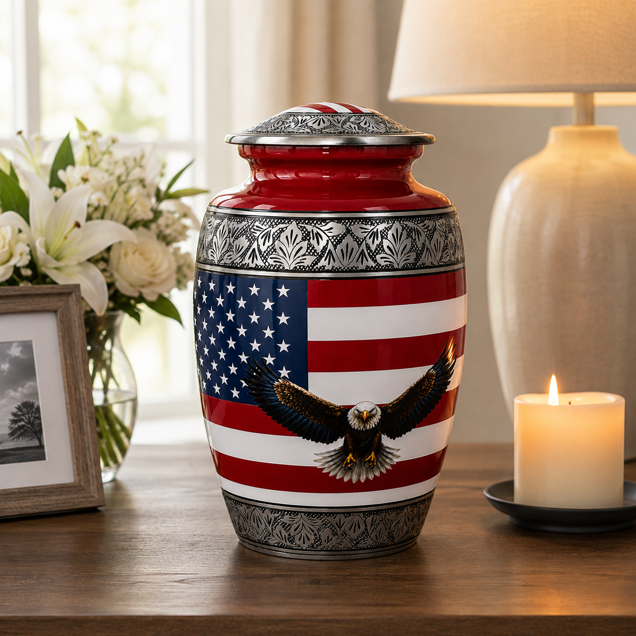 Military Eagle Metal Cremation Urn for Human Ashes – American Flag Adult