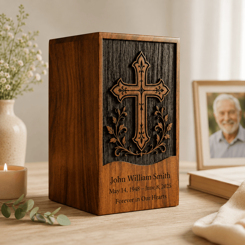 Personalized Cross Engraved Wooden Urn for Human Ashes