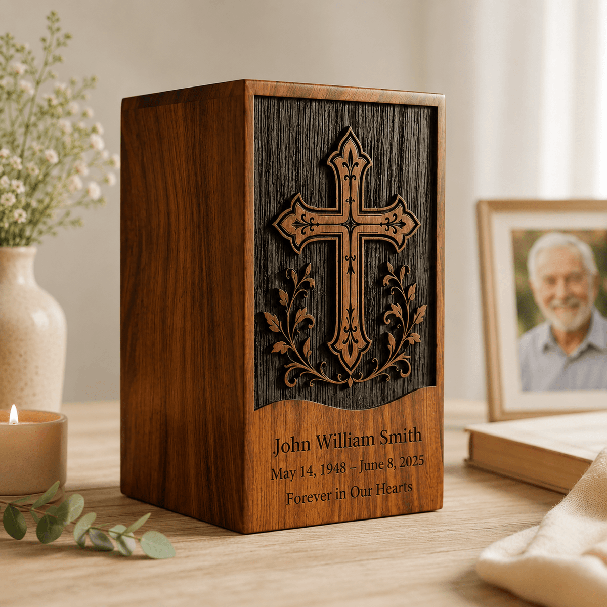 Personalized Cross Wooden Urn for Human Ashes – Adult & Keepsake
