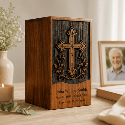 Personalized Cross Wooden Urn for Human Ashes – Adult & Keepsake