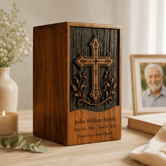 Personalized Cross Wooden Urn for Human Ashes – Adult & Keepsake