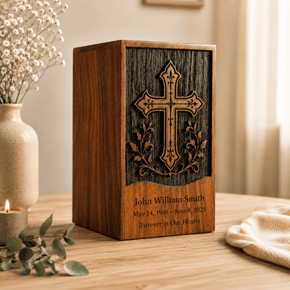 Personalized Cross Wooden Urn for Human Ashes – Adult & Keepsake
